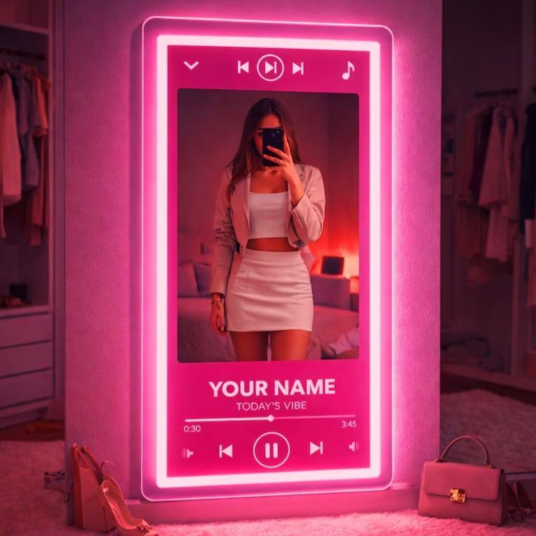 Letrero de neón con espejo estilo reproductor de música personalizado, pantalla de música con luz LED de espejo, decoración de pared de dormitorio estética moderna, regalo de inauguración de la casa - mymoonlampes