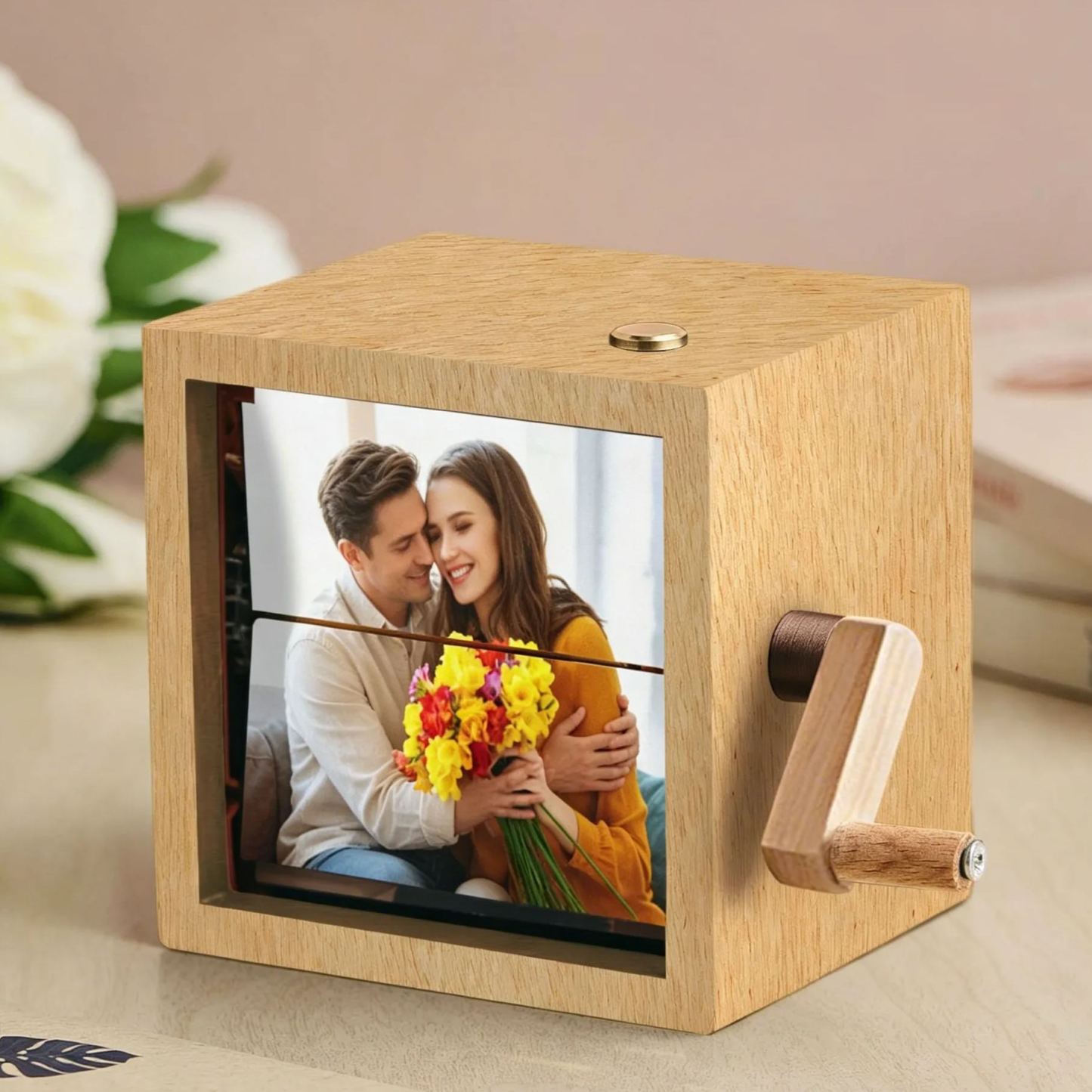 Caja De Libro Plegable Con Manivela Personalizada, Máquina De Animación, Álbum De Fotos Mecánico Con Manivela Y Marco De Cubo De Fotos Para Bebé De Nogal Negro Claro, Regalo para el Día de la Madre