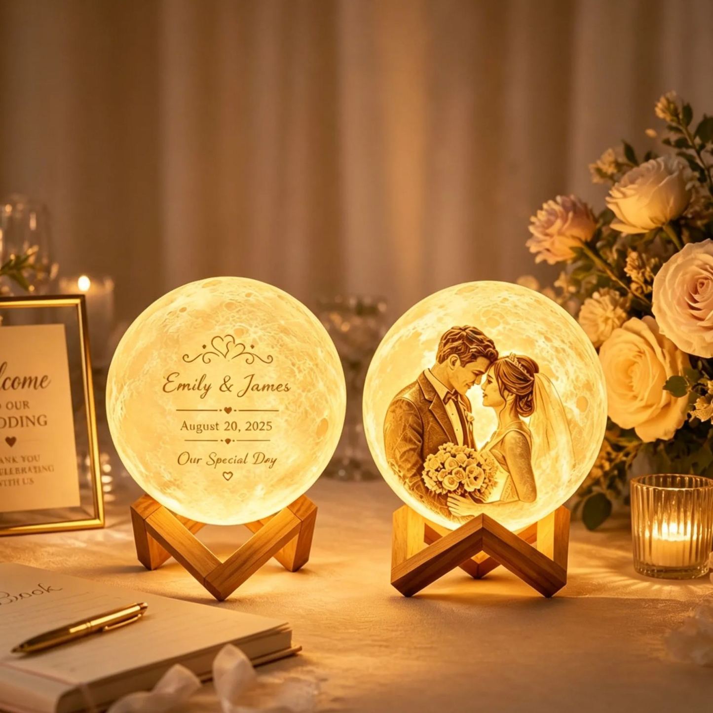 Lámpara De Luna De Boda Personalizada, Luz Nocturna Con Foto De Pareja Personalizada, Lámpara De Calendario Lunar Grabada Con Fecha De Boda, Regalo De Boda único Para Los Novios - mymoonlampes