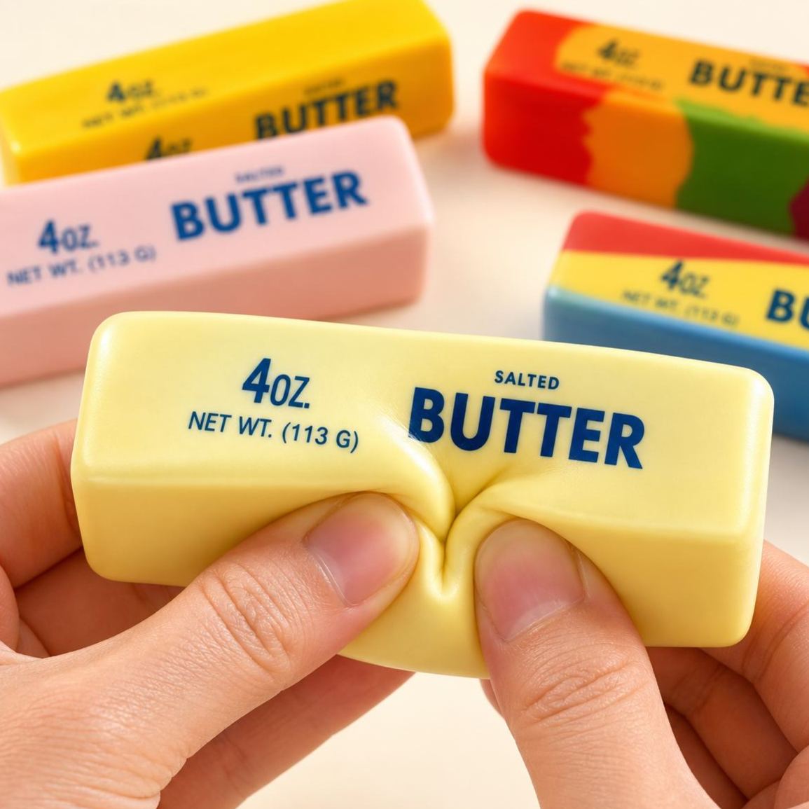 Juguete Blando Con Forma De Barra De Mantequilla, Juguete Antiestrés De PU Con Estampado Colorido Y De Crecimiento Lento, Juguete Suave Para Apretar Y Estimular, Juguete Sensorial Con Forma Realista De Mantequilla.