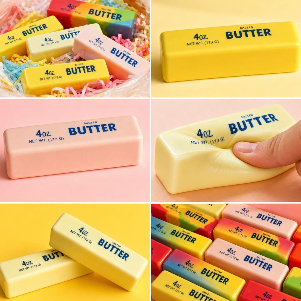 Juguete Blando Con Forma De Barra De Mantequilla, Juguete Antiestrés De PU Con Estampado Colorido Y De Crecimiento Lento, Juguete Suave Para Apretar Y Estimular, Juguete Sensorial Con Forma Realista De Mantequilla. - mymoonlampes
