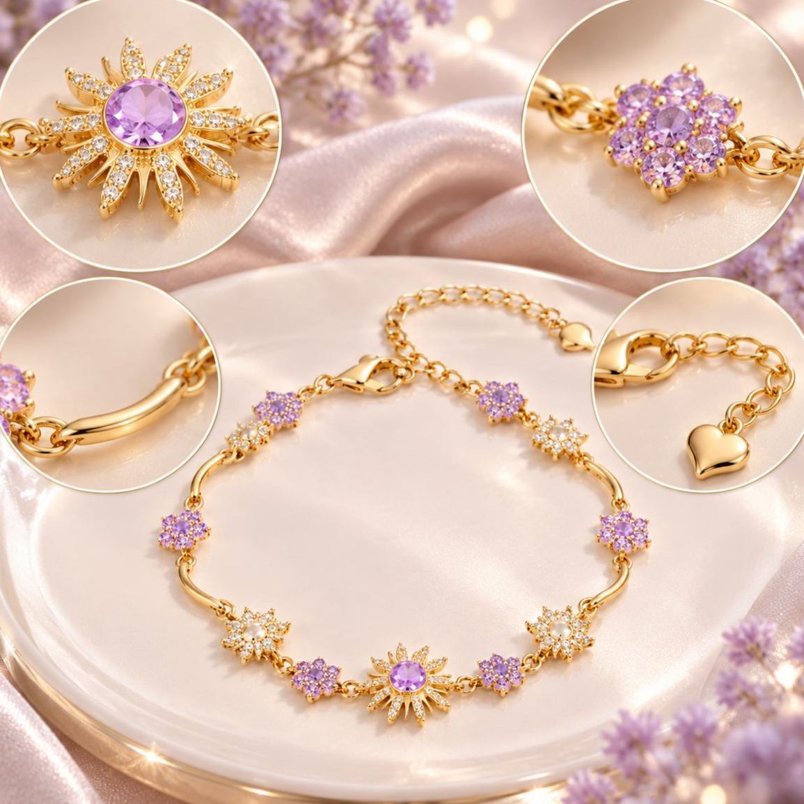 Linda Pulsera Con Dije De Girasol Morado Para Mujer, Elegante Pulsera Floral Chapada En Oro, Regalo De Joyería Ajustable Estilo Princesa - mymoonlampes