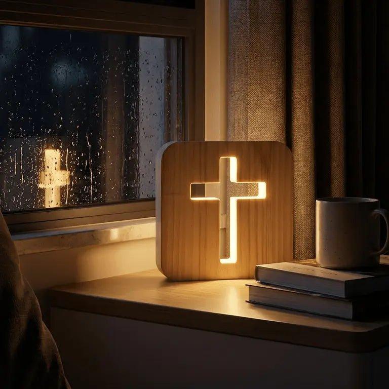 Lámpara De Noche Con Cruz De Madera 3D: Lámpara De Cruz De Madera Hueca Con LED Blanco Cálido, Alimentada Por USB, Decoración Religiosa Para El Hogar, Mesita De Noche Y Luz Ambiental Para La Habitación. - mymoonlampes