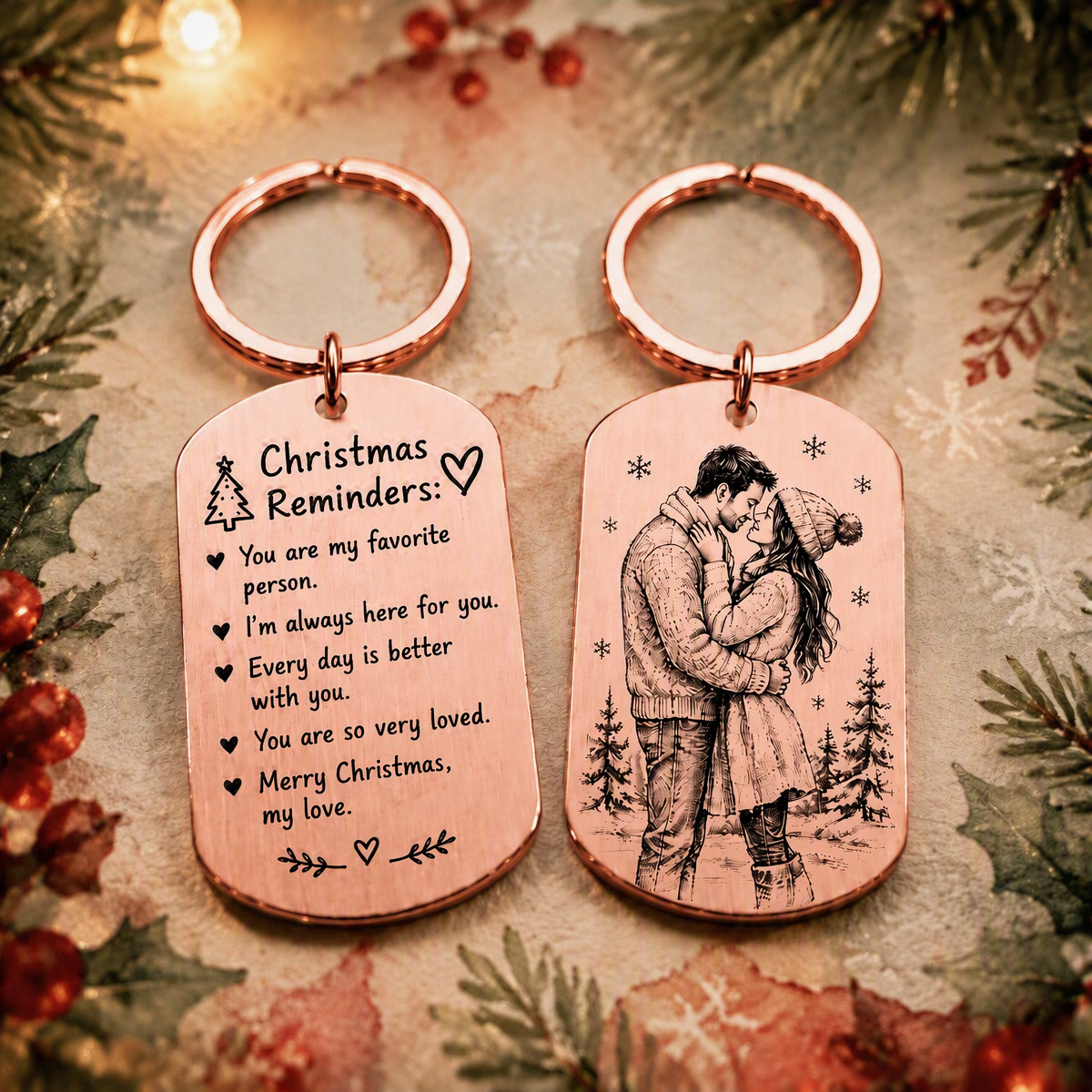 Llavero Navideño Personalizado Para Parejas Con Mensaje Y Foto Grabados, De Acero Inoxidable. - mymoonlampes