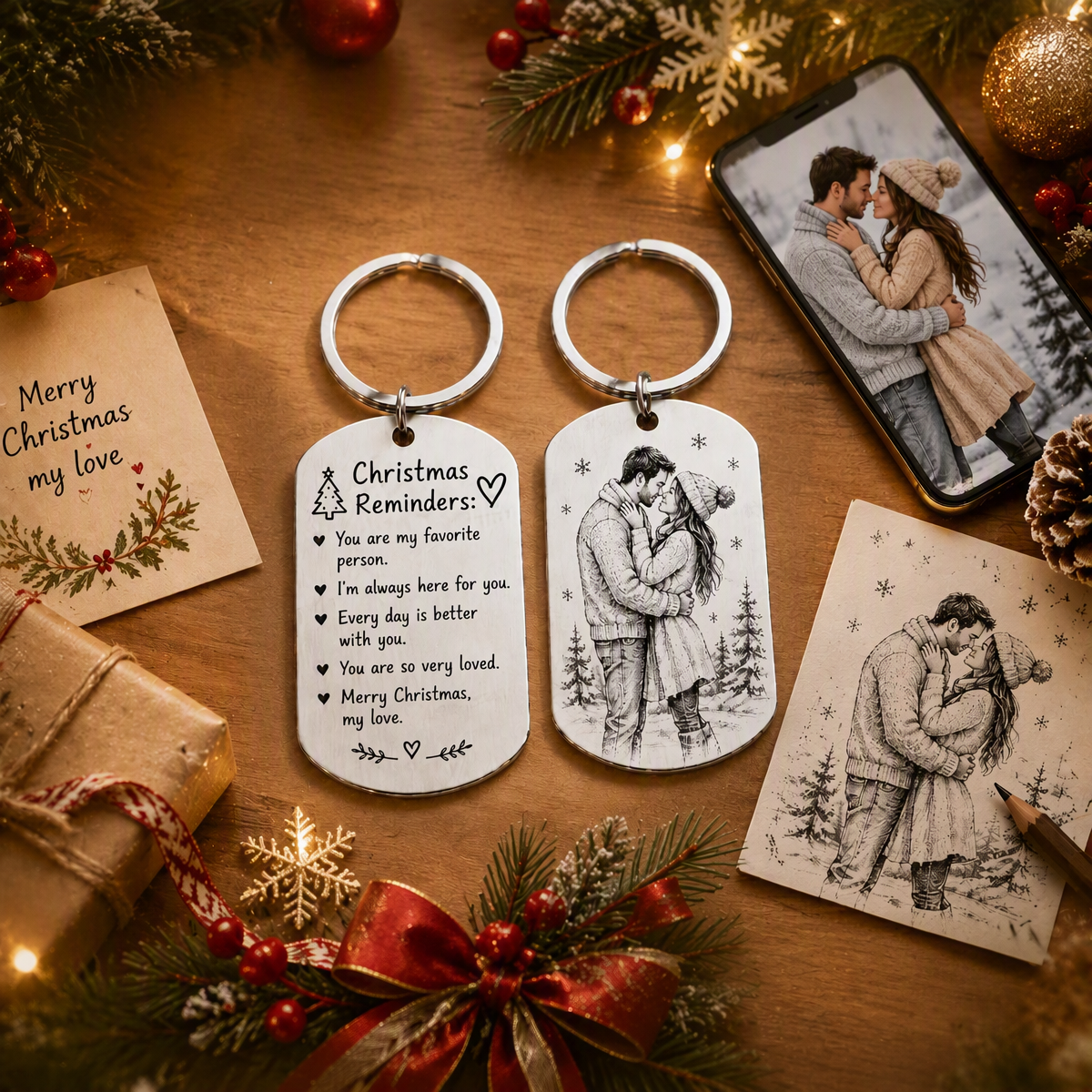Llavero Navideño Personalizado Para Parejas Con Mensaje Y Foto Grabados, De Acero Inoxidable. - mymoonlampes