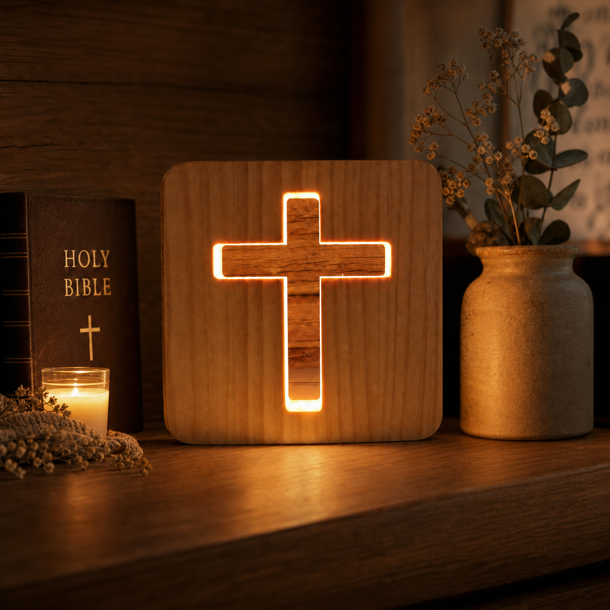 Lámpara De Noche Con Cruz De Madera 3D: Lámpara De Cruz De Madera Hueca Con LED Blanco Cálido, Alimentada Por USB, Decoración Religiosa Para El Hogar, Mesita De Noche Y Luz Ambiental Para La Habitación. - mymoonlampes