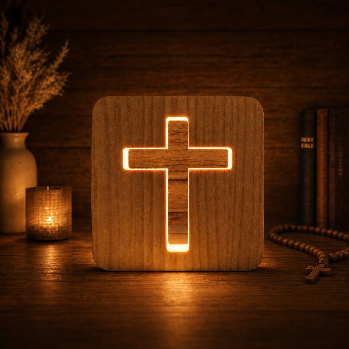 Lámpara De Noche Con Cruz De Madera 3D: Lámpara De Cruz De Madera Hueca Con LED Blanco Cálido, Alimentada Por USB, Decoración Religiosa Para El Hogar, Mesita De Noche Y Luz Ambiental Para La Habitación. - mymoonlampes