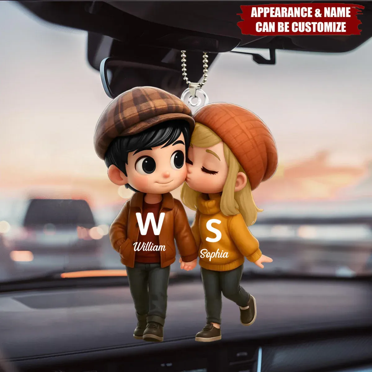 Percha De Acrílico Personalizada Para Coche: Un Beso De Pareja. Regalo Con Nombre Personalizado Para Novio Y Novia. - mymoonlampes