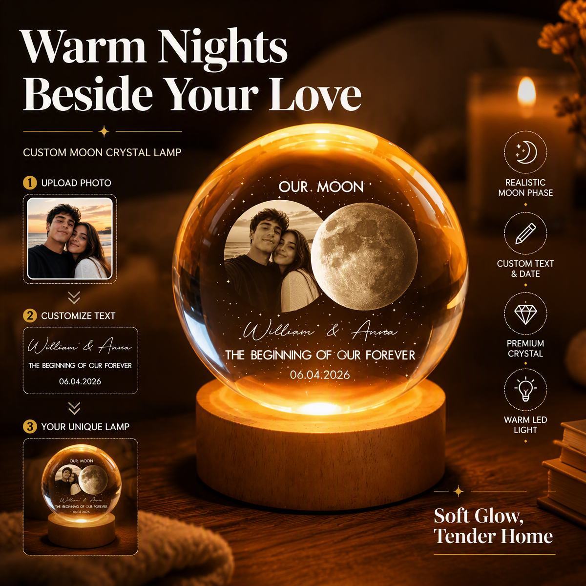 Esfera De Cristal Con Foto Personalizada Y Forma De Luna, Regalo Para Enamorados - Luz Nocturna LED Romántica Para La Decoración Del Dormitorio - mymoonlampes