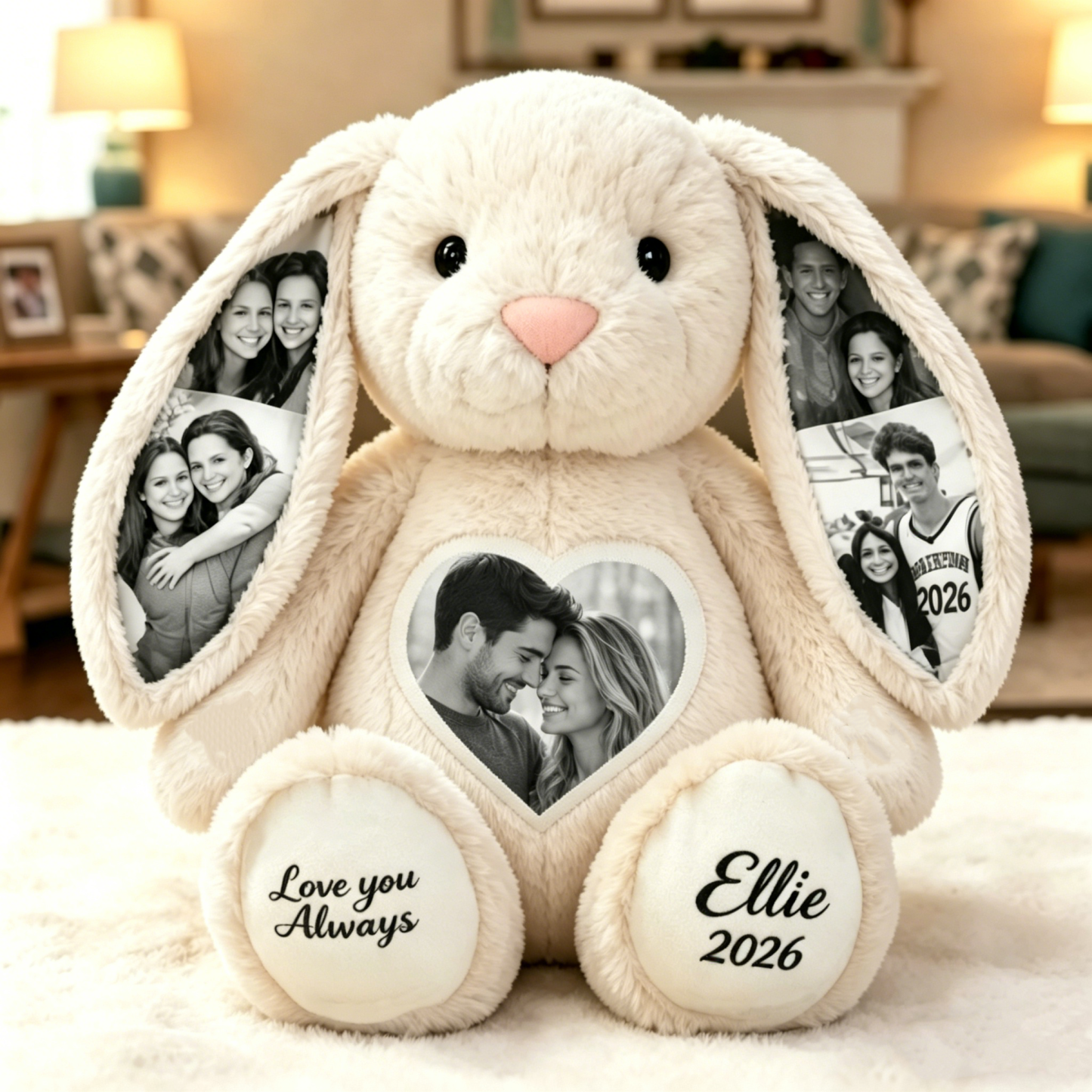Peluche De Lapin Avec Photo De Cœur Personnalisée – Image D'oreille Cachée Personnalisée Avec Texte Personnalisé, Cadeau D'anniversaire Pour Les Couples - MaPhotochaussetteFr
