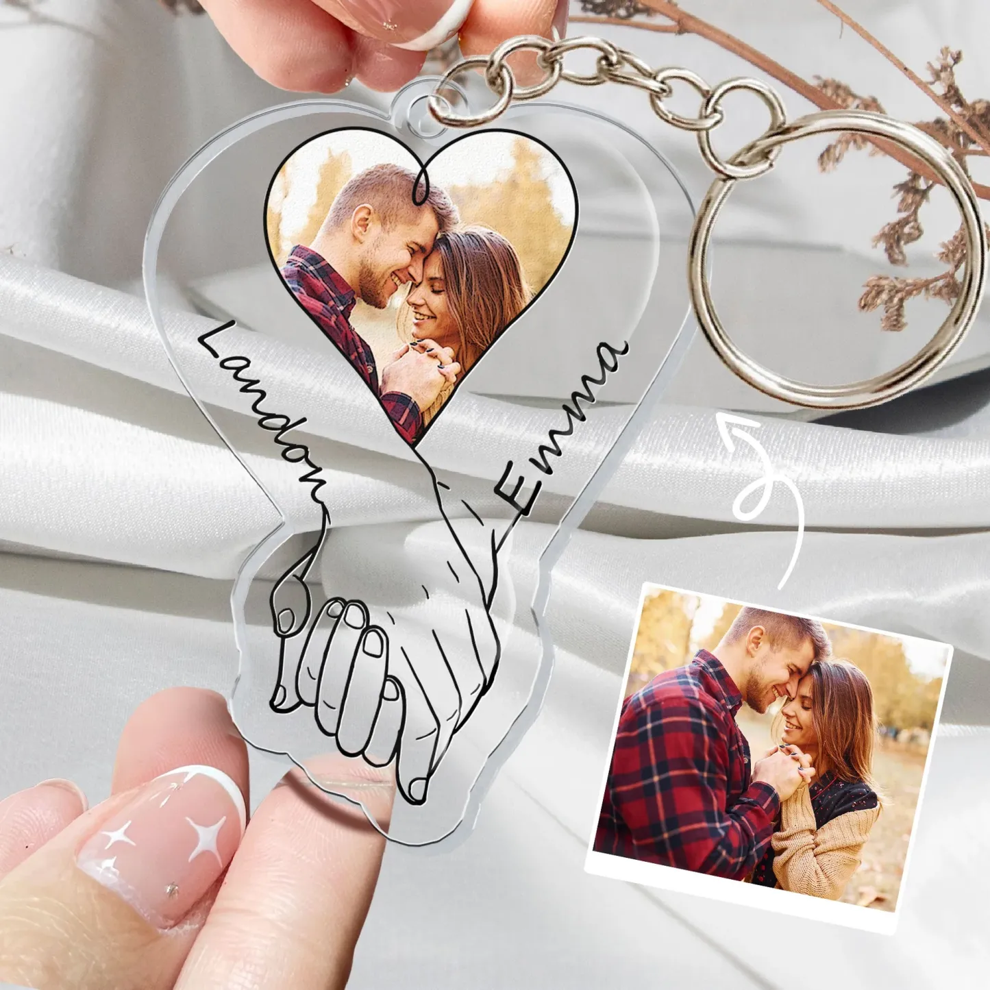 Porte-clés Photo Acrylique Personnalisé Télécharger Photo Anniversaire De Couples Se Tenant La Main - MaPhotochaussetteFr