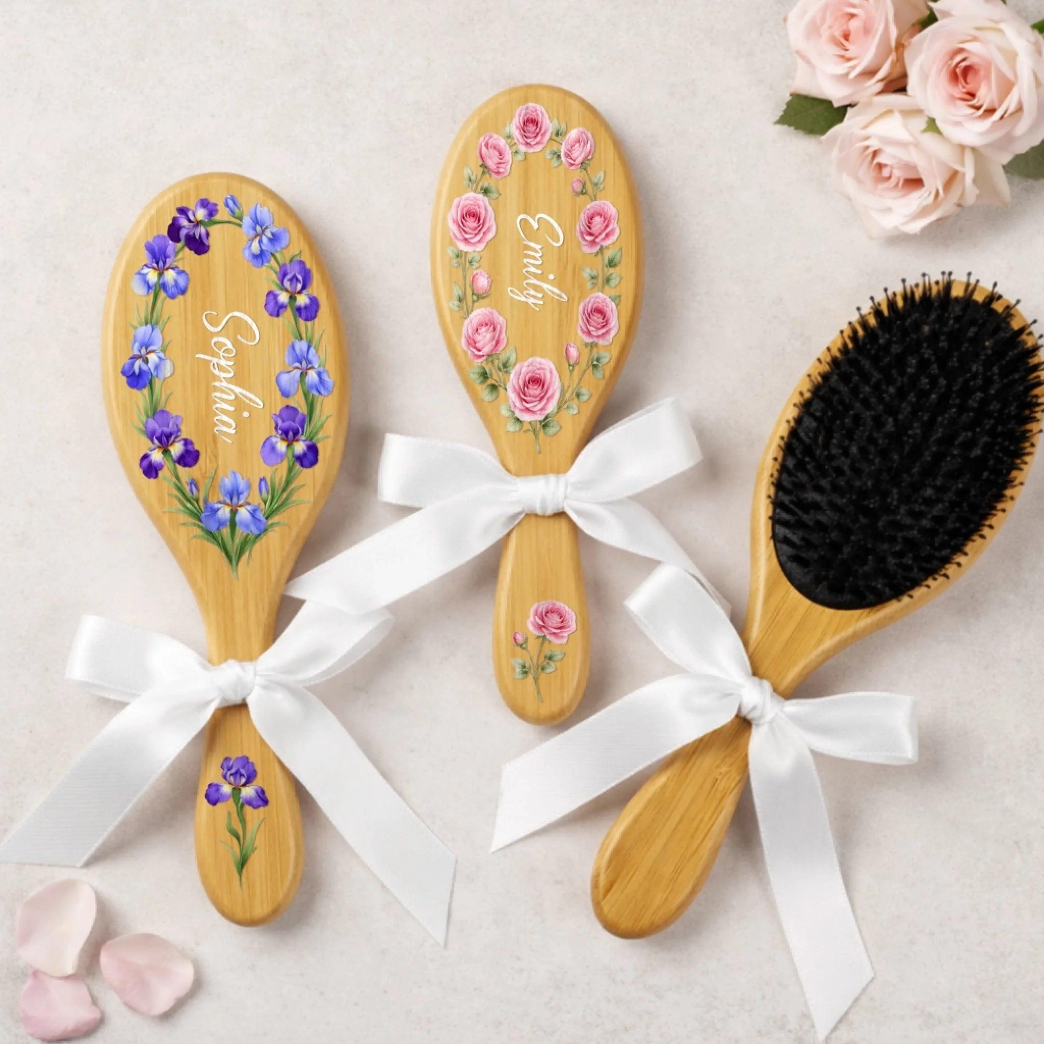 Brosse À Cheveux Personnalisée Avec Fleur Du Mois De Naissance - Cadeaux De Remerciement Personnalisés Pour Une Remise De Diplôme Ou Un Anniversaire Cadeau pour la fête des mères