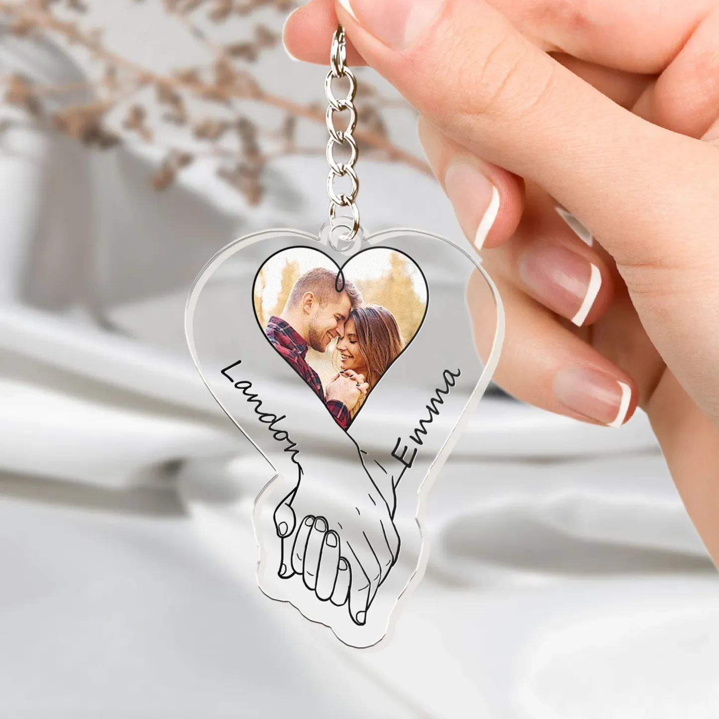 Porte-clés Photo Acrylique Personnalisé Télécharger Photo Anniversaire De Couples Se Tenant La Main - MaPhotochaussetteFr
