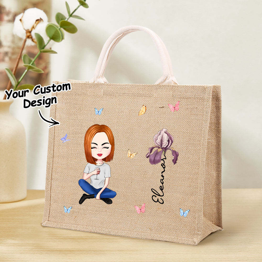 Sac Fourre-tout En Jute Personnalisé Avec Dessin Animé Pour Femmes Et Filles, Fleur De Naissance, Avec Nom, Cadeau D'anniversaire De Mariage Pour Elle