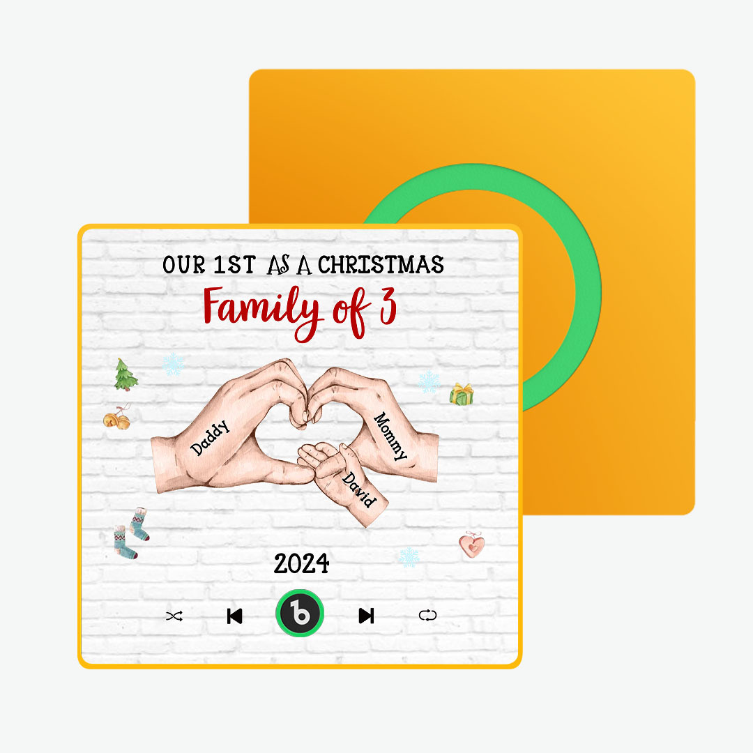 Aimant De Réfrigérateur Personnalisé Avec Personnage De Dessin Animé Et Cadre De Nom, Album De Musique Personnalisé, Aimant De Réfrigérateur, Notre Premier En Tant Que Famille De Noël - MaPhotochaussetteFr