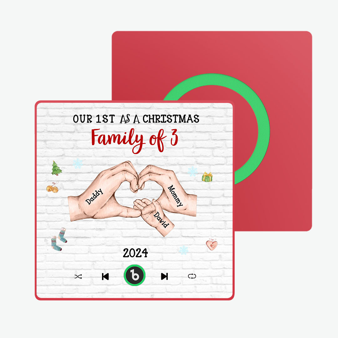 Aimant De Réfrigérateur Personnalisé Avec Personnage De Dessin Animé Et Cadre De Nom, Album De Musique Personnalisé, Aimant De Réfrigérateur, Notre Premier En Tant Que Famille De Noël - MaPhotochaussetteFr