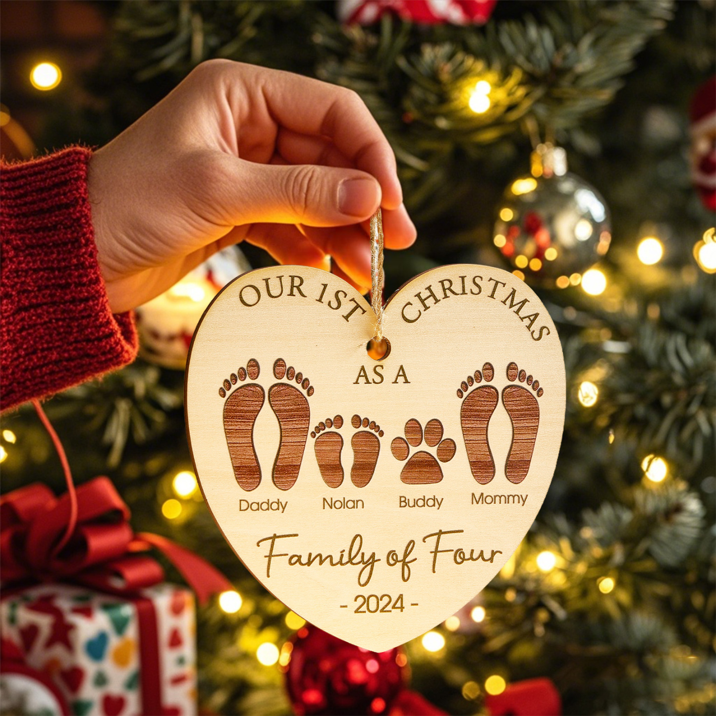 Ornement En Bois Coeur Personnalisé Notre 1er Cadeau De Noël En Famille - MaPhotochaussetteFr
