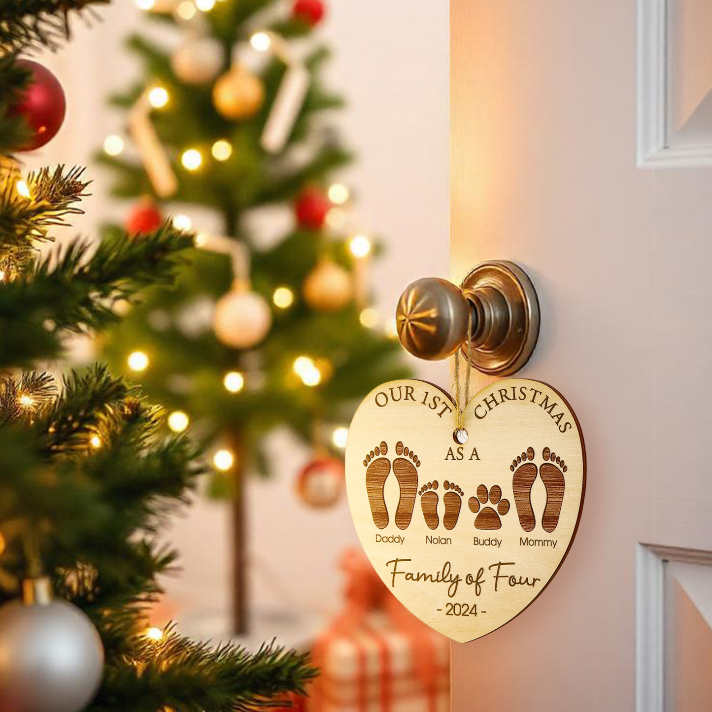 Ornement En Bois Coeur Personnalisé Notre 1er Cadeau De Noël En Famille - MaPhotochaussetteFr