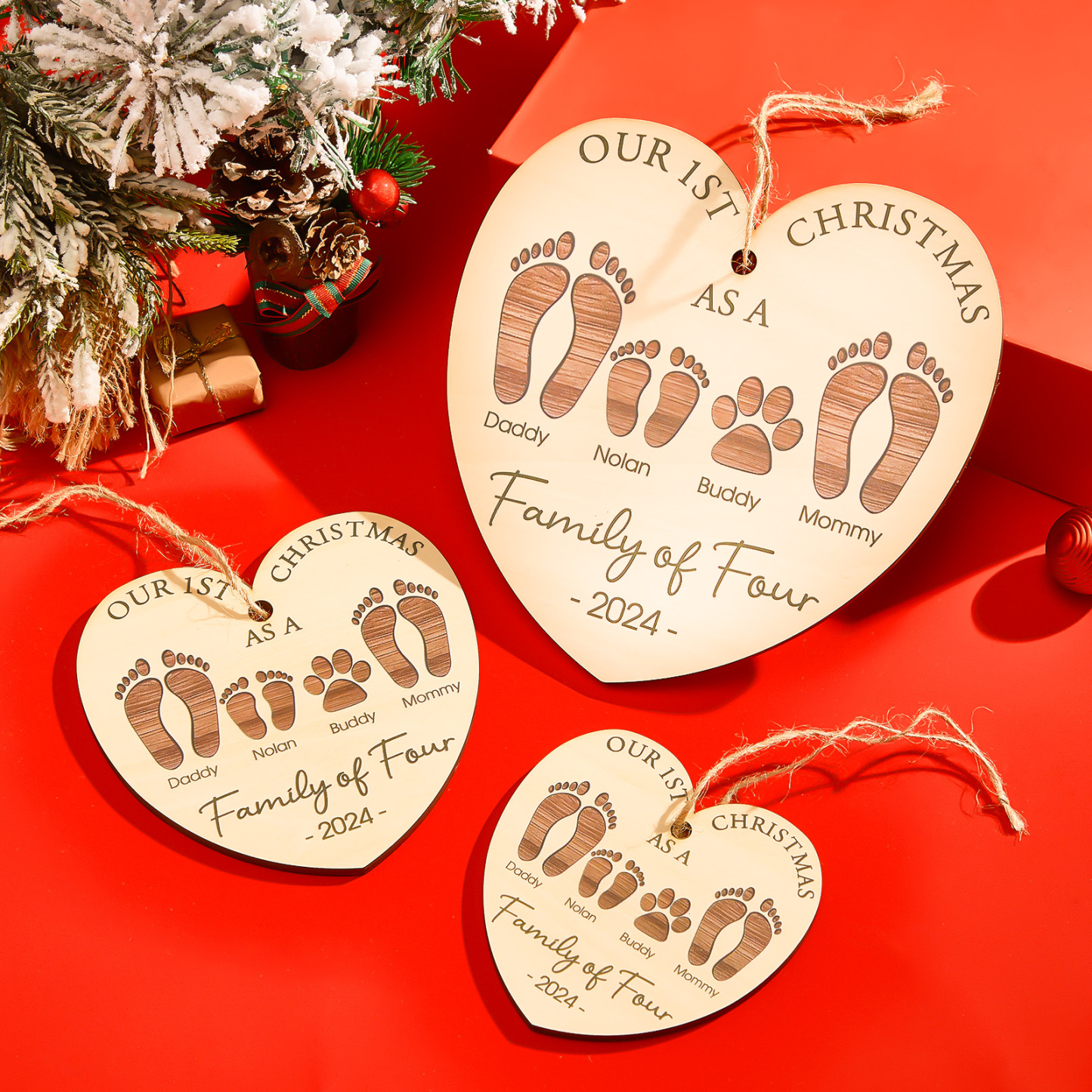 Ornement En Bois Coeur Personnalisé Notre 1er Cadeau De Noël En Famille - MaPhotochaussetteFr