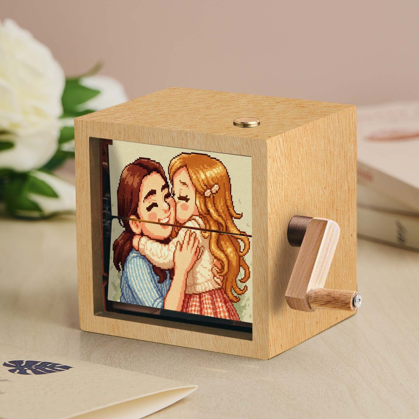 Album Photo Mécanique Personnalisé À Manivelle Avec Cadre Cube Photo Bébé En Noyer Clair, Cadeau Créatif - MaPhotochaussetteFr