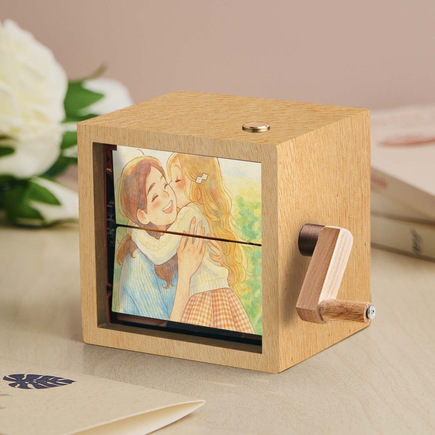 Album Photo Mécanique Personnalisé À Manivelle Avec Cadre Cube Photo Bébé En Noyer Clair, Cadeaux Créatifs - MaPhotochaussetteFr