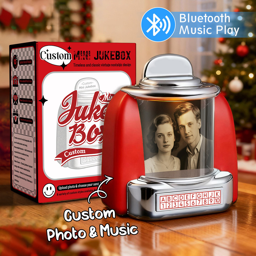 Mini Jukebox Rétro Personnalisé – Lecteur De Musique Miniature Avec Photo, Noms Et Date, Radio Bluetooth | Décoration De Table Vintage, Cadeau Nostalgique