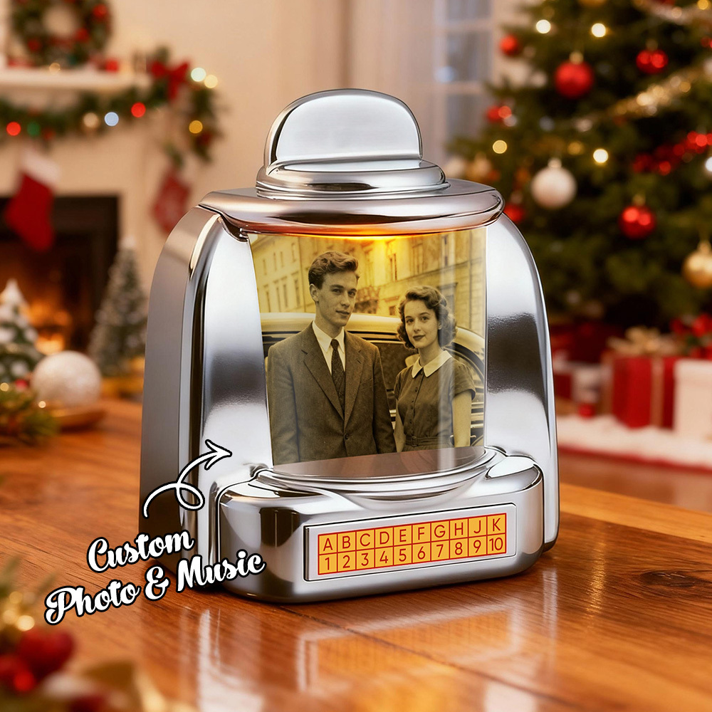 Mini Jukebox Rétro Personnalisé Avec Photo, Noms Et Date | Lecteur De Musique Miniature Avec Radio | Décoration De Table Vintage | Cadeau De Noël Rétro Et Nostalgique - MaPhotochaussetteFr