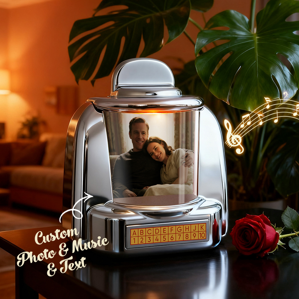 Mini Jukebox Rétro Personnalisé Avec Photo, Noms Et Date | Lecteur De Musique Miniature Avec Radio | Décoration De Table Vintage | Cadeau De Noël Rétro Et Nostalgique - MaPhotochaussetteFr