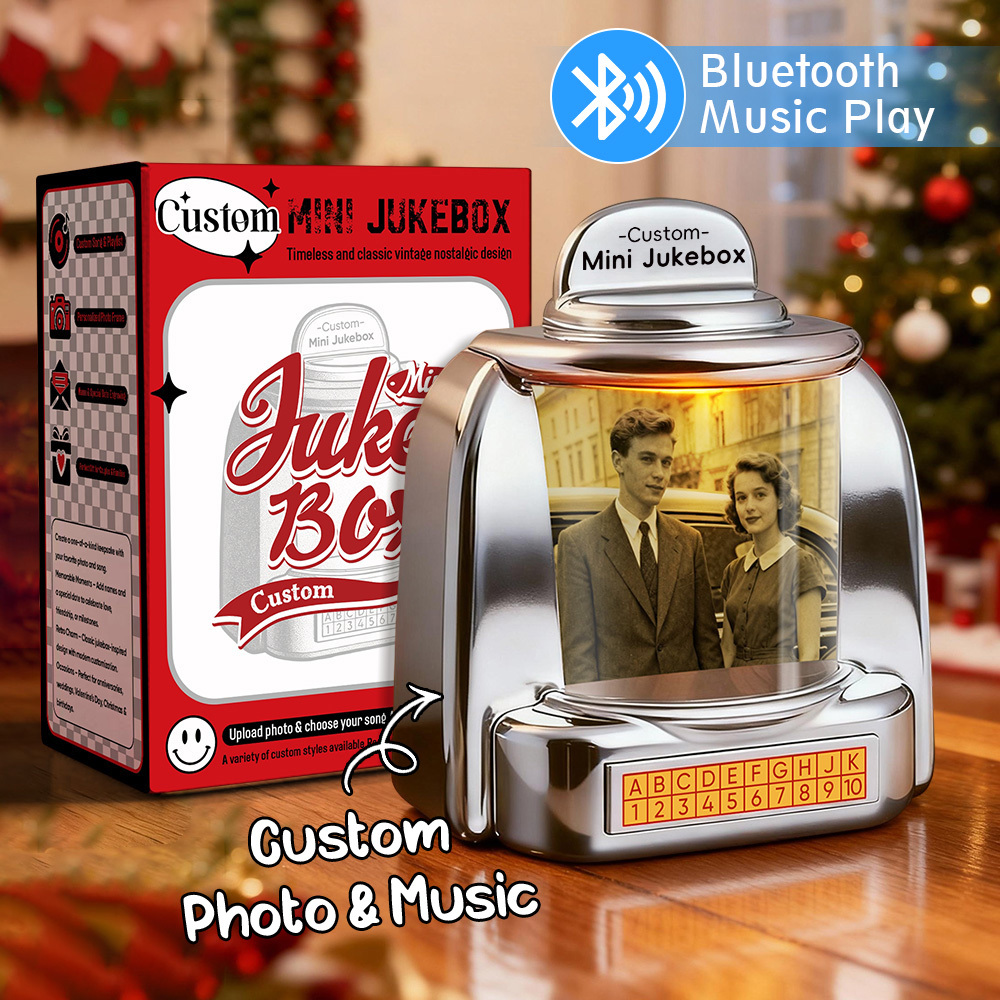 Mini Jukebox Rétro Personnalisé – Lecteur De Musique Miniature Avec Photo, Noms Et Date, Radio Bluetooth | Décoration De Table Vintage, Cadeau Nostalgique - MaPhotochaussetteFr