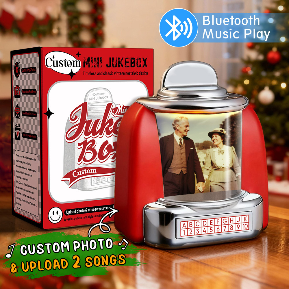 Mini Jukebox Rétro Personnalisé Avec Photo, Noms Et Date | Lecteur De Musique Miniature Avec Radio | Décoration De Table Vintage | Cadeau De Noël Rétro Et Nostalgique - MaPhotochaussetteFr