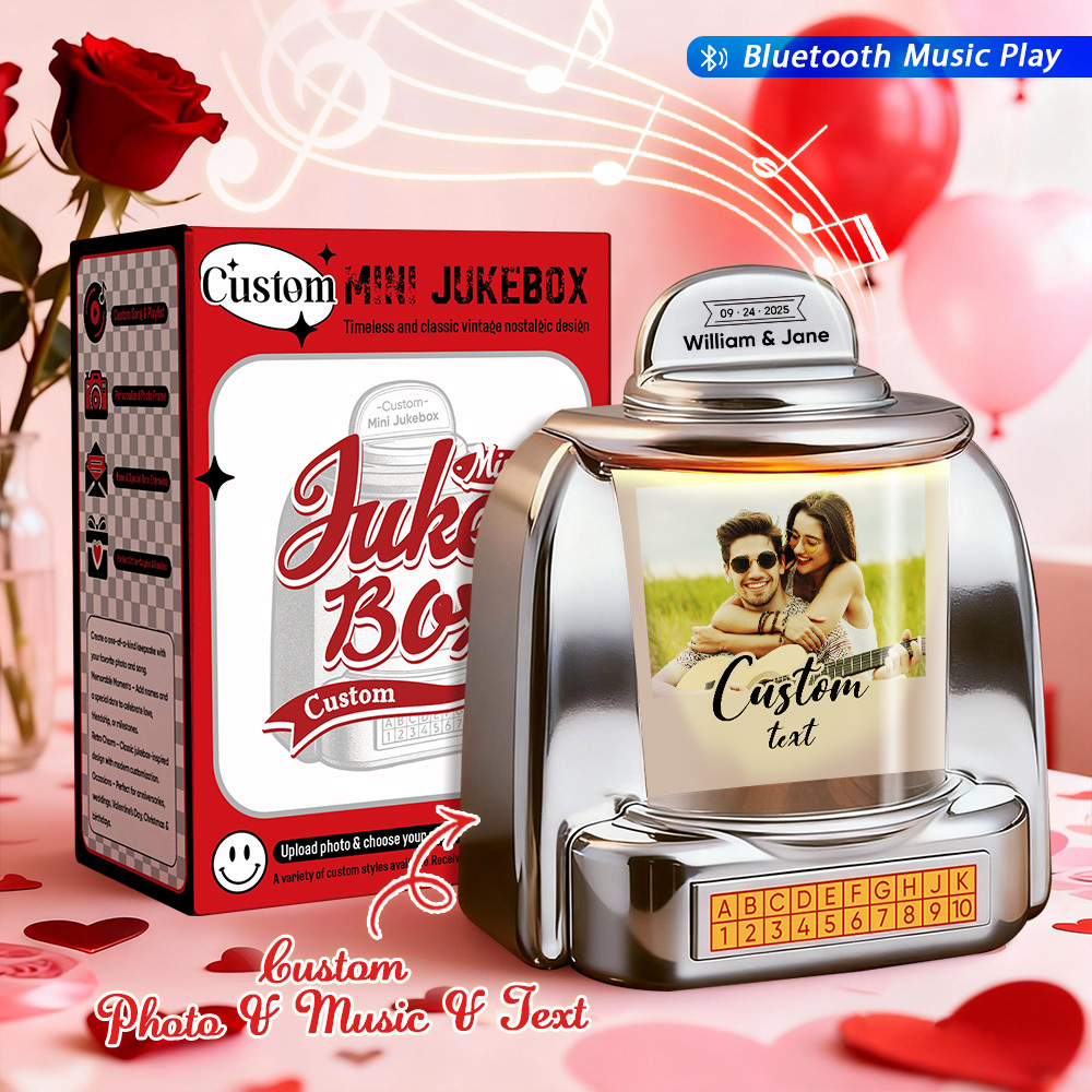Mini Jukebox Personnalisé D'inspiration Vintage Avec Photo Et Musique – Jukebox Bluetooth Personnalisé, Cadeau Souvenir Pour L'amour Et Les Souvenirs - MaPhotochaussetteFr