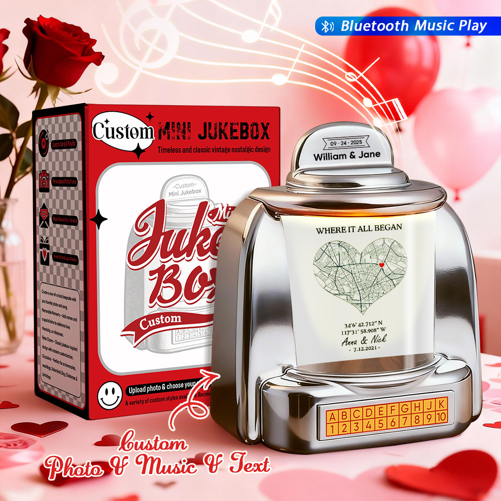 Mini Jukebox Personnalisé, Cadeau Souvenir D'amour – Mini Jukebox Bluetooth Avec Photo, Texte Et Design De Lieu Spécial - MaPhotochaussetteFr