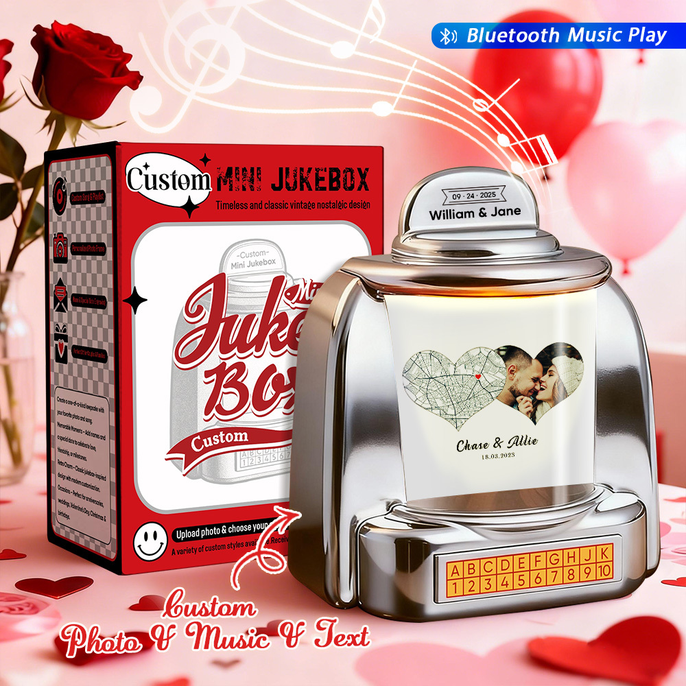 Mini Jukebox Personnalisé Avec Cœurs, Cadeau Souvenir D'amour – Mini Jukebox Bluetooth Avec Photo, Texte Et Design Spécial - MaPhotochaussetteFr