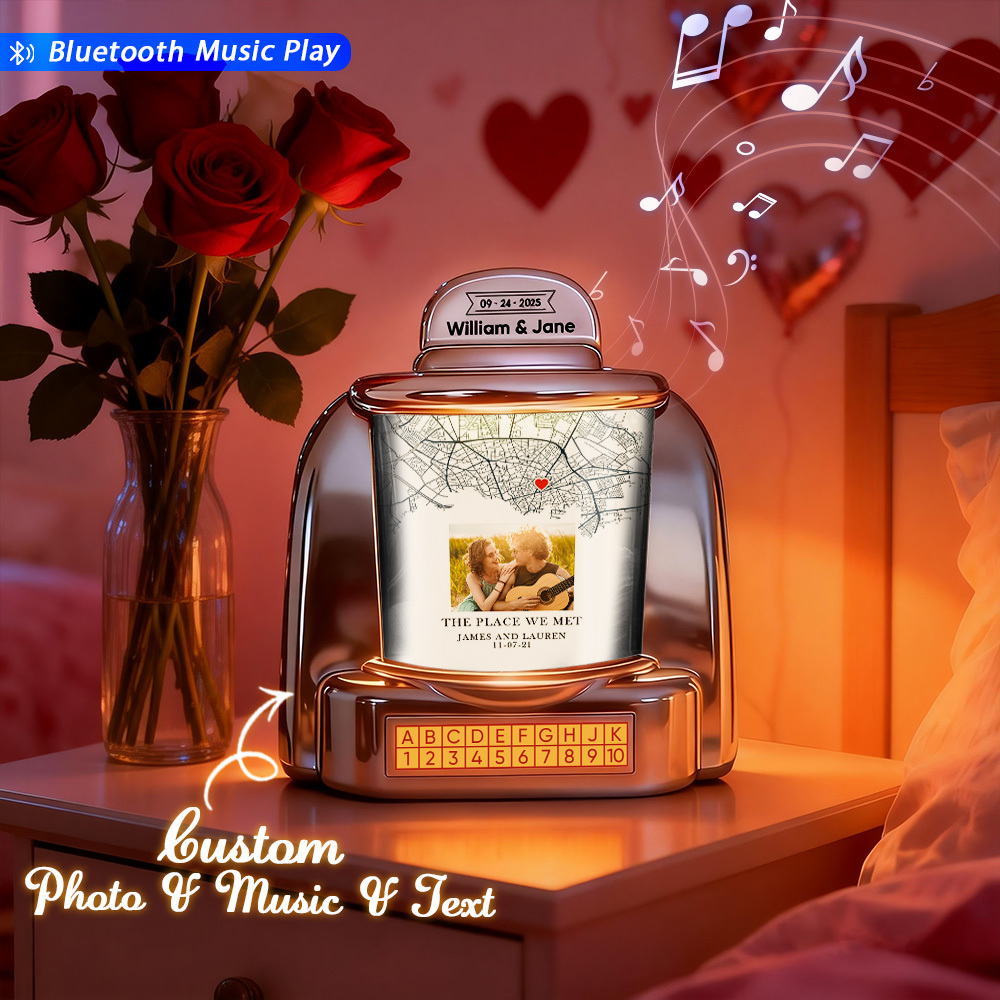 Mini Jukebox Personnalisée « Là Où Tout A Commencé » – Mini Jukebox Bluetooth Personnalisée Avec Photo Et Texte Pour Les Couples - MaPhotochaussetteFr