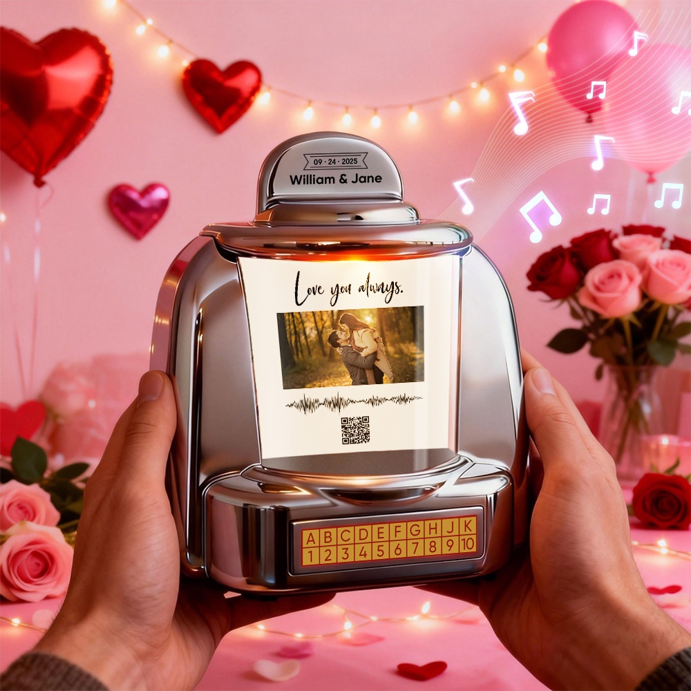 Mini Jukebox Personnalisé Avec Photo, Code Qr Et Onde Sonore – Jukebox Bluetooth Personnalisé Avec Photo, Musique Et Texte, Cadeau Idéal Pour Les Couples - MaPhotochaussetteFr