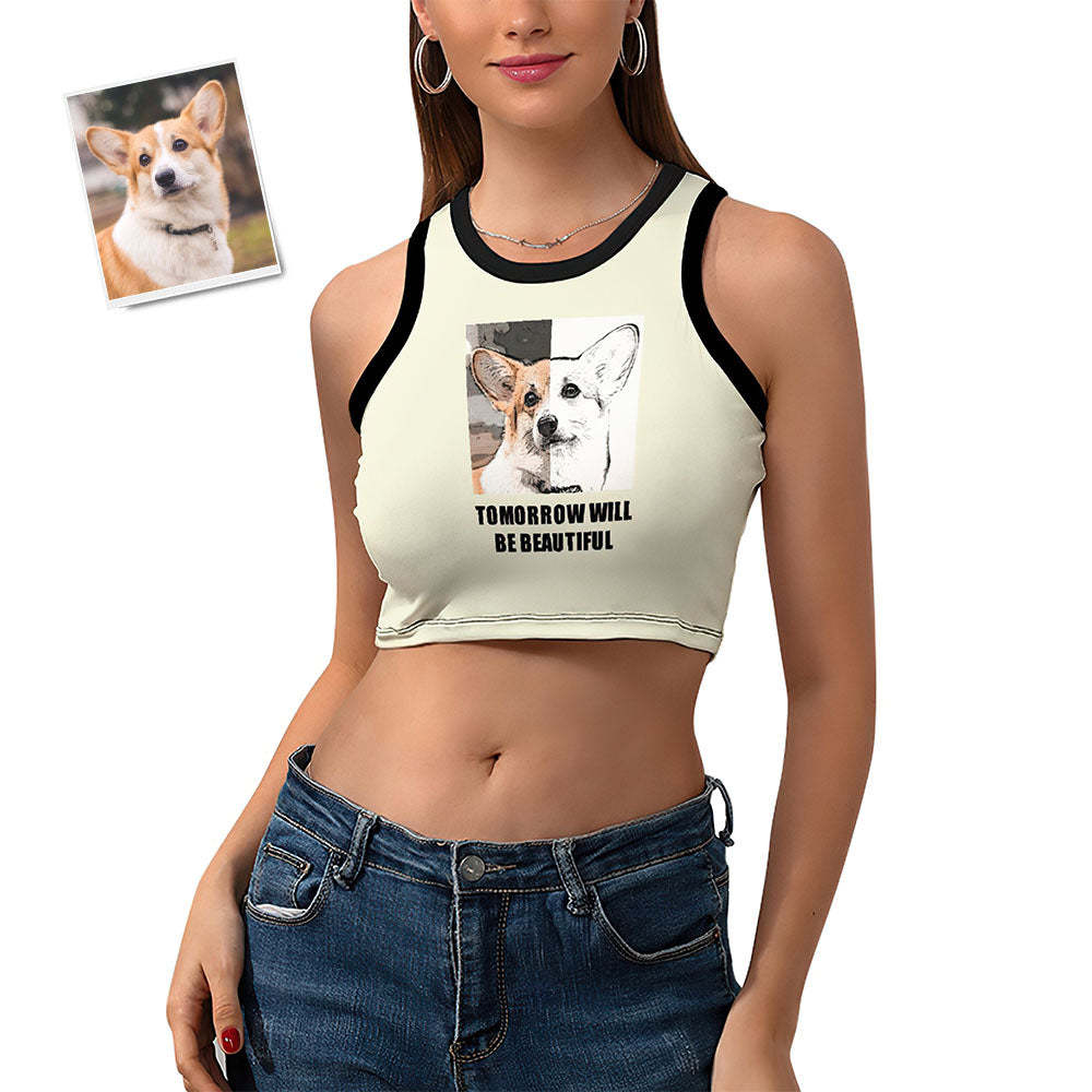 Custom Dog Face Ladies Short Racer Vest Comic Lines Crop Top -