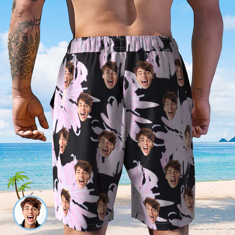 Short De Plage Avec Visage Personnalisé, Maillot De Bain Avec Photo Personnalisée, Short À Imprimé Floral Aléatoire