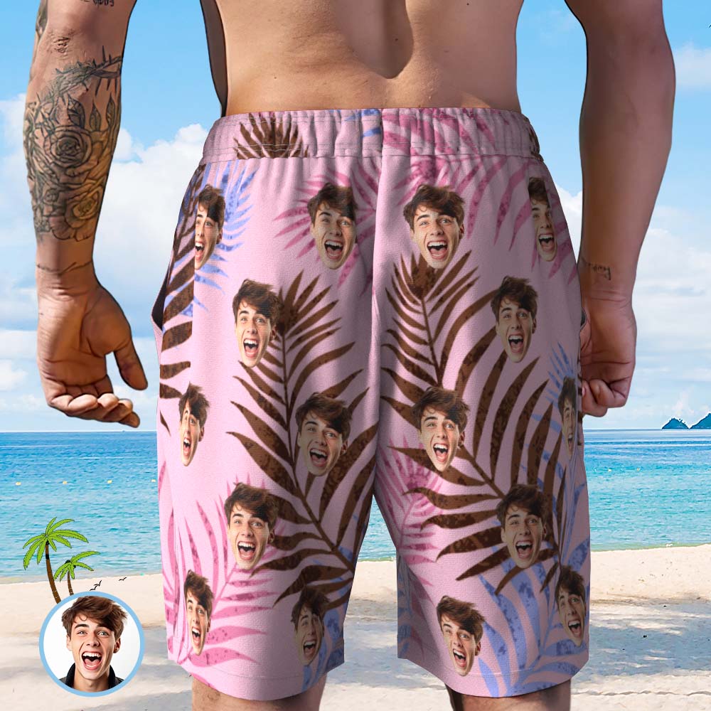 Short De Plage Avec Visage Personnalisé, Maillot De Bain Avec Photo Personnalisée Pour Hommes, Short Imprimé Tropical Aléatoire