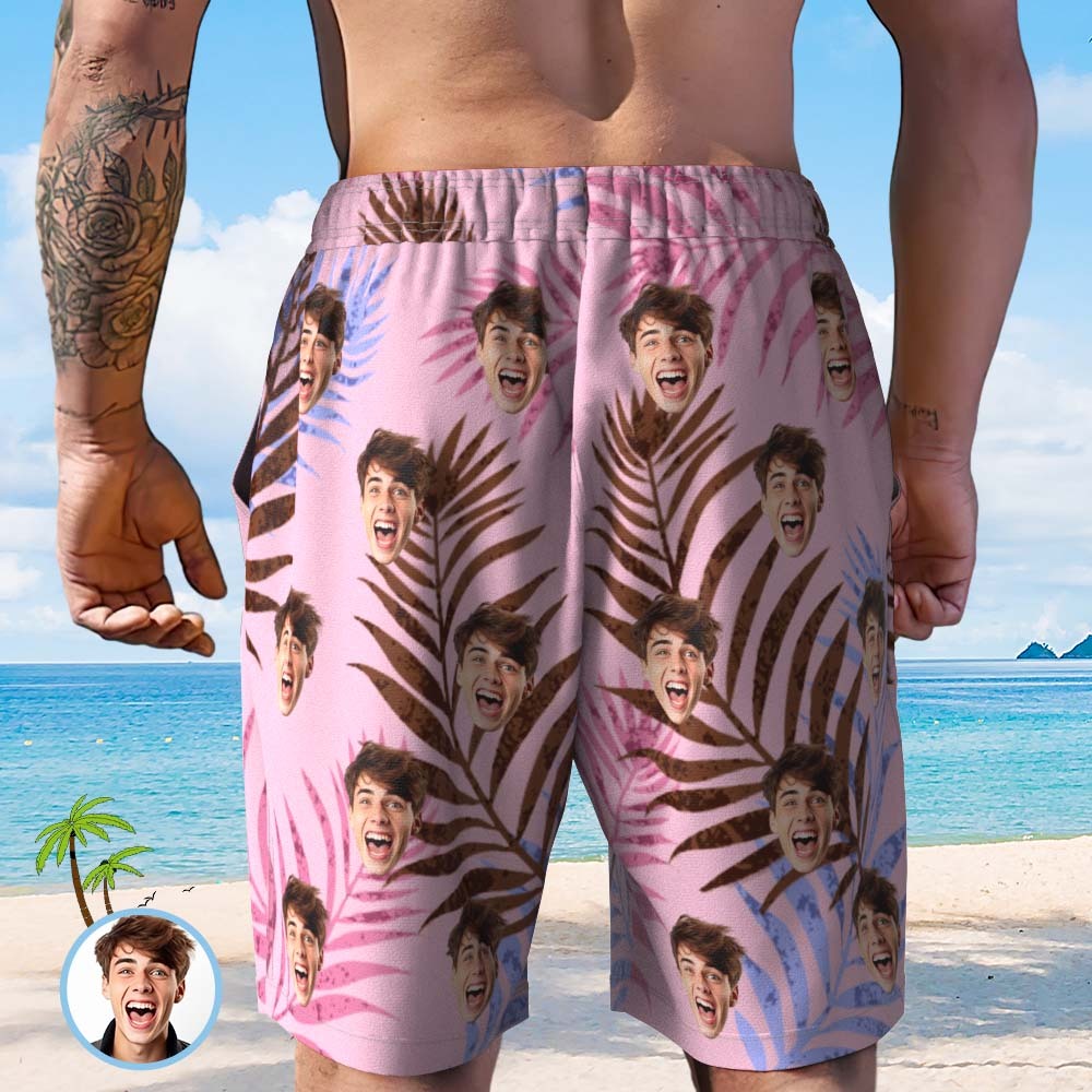 Short De Plage Avec Visage Personnalisé, Maillot De Bain Avec Photo Personnalisée Pour Hommes, Short Imprimé Tropical Aléatoire -