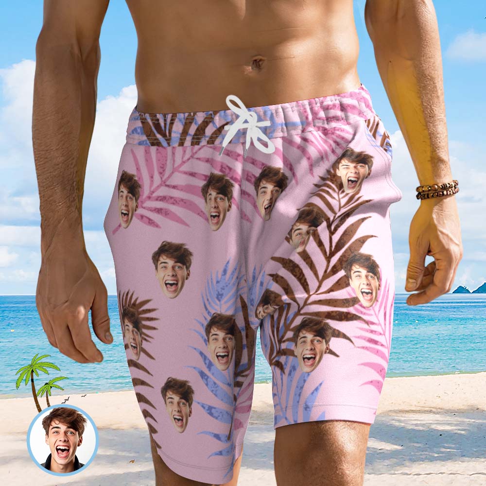 Short De Plage Avec Visage Personnalisé, Maillot De Bain Avec Photo Personnalisée Pour Hommes, Short Imprimé Tropical Aléatoire