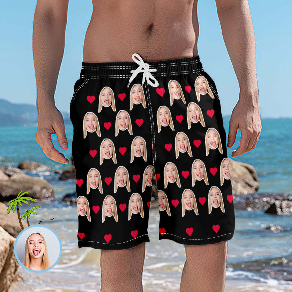 Pantalon Photo Court De Plage Élastique Avec Visage De Cœur Personnalisé Pour Hommes -