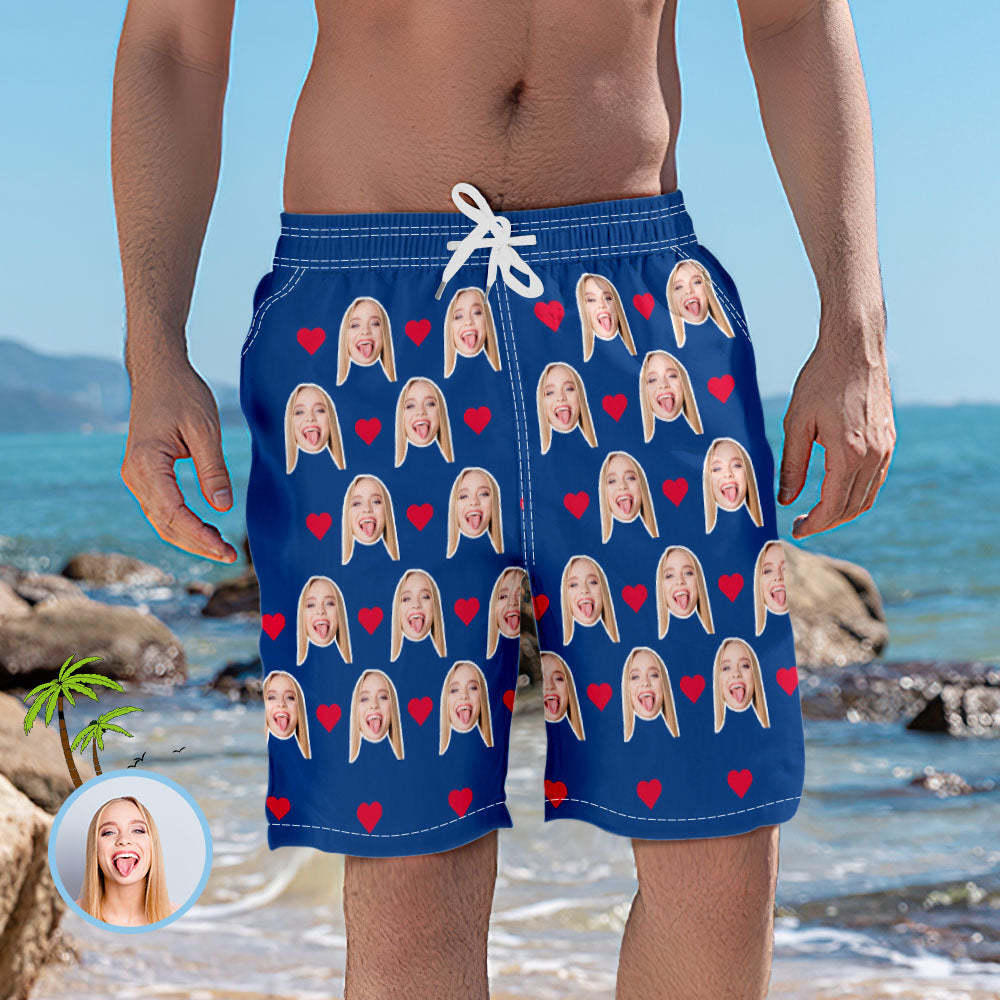 Pantalon Photo Court De Plage Élastique Avec Visage De Cœur Personnalisé Pour Hommes -