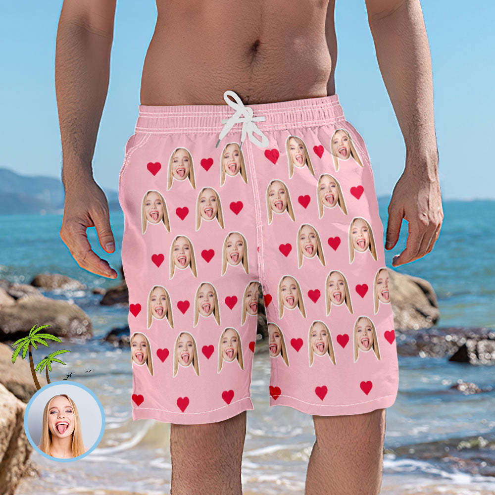 Pantalon Photo Court De Plage Élastique Avec Visage De Cœur Personnalisé Pour Hommes -