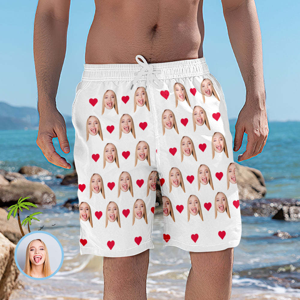 Pantalon Photo Court De Plage Élastique Avec Visage De Cœur Personnalisé Pour Hommes -