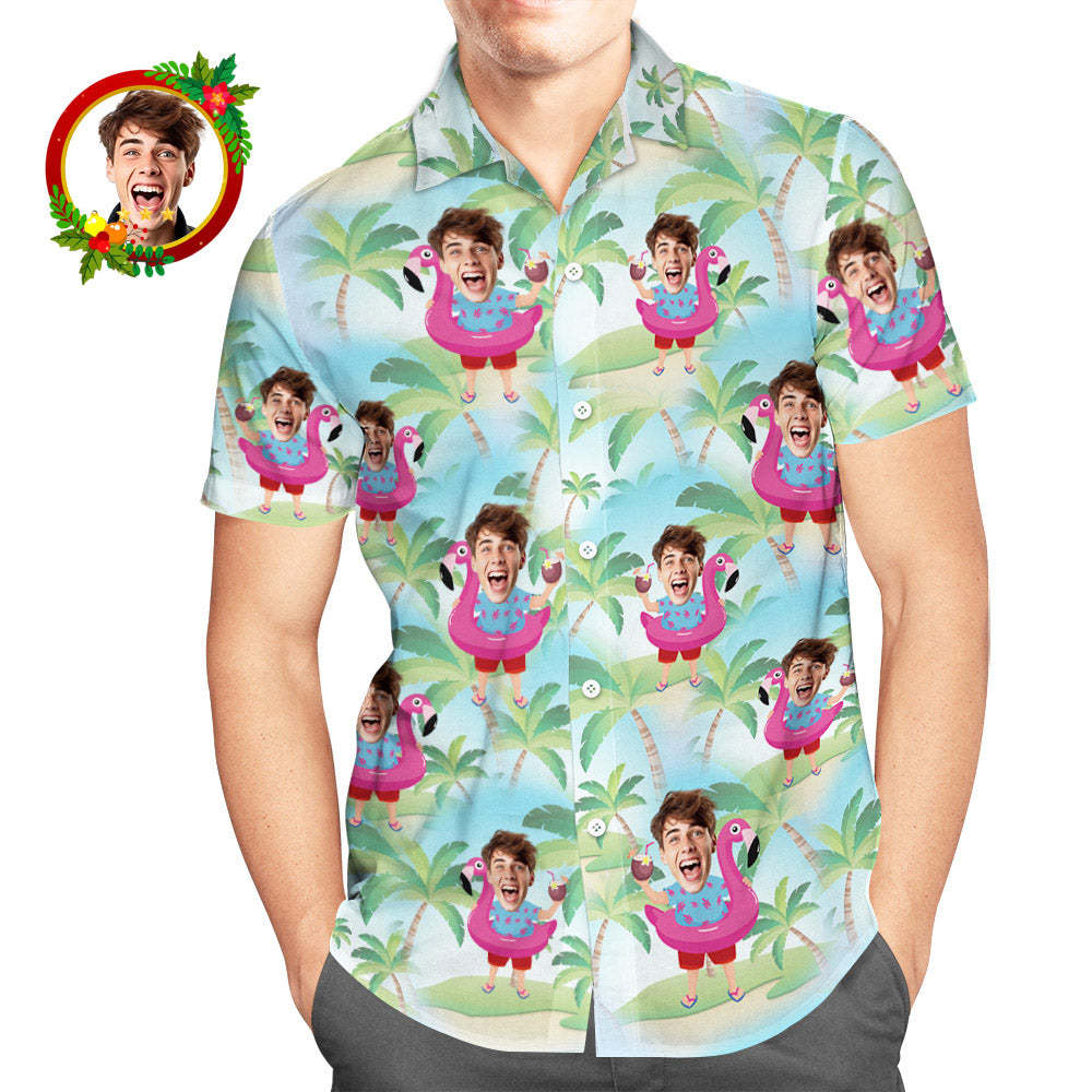 Chemise Hawaïenne Avec Visage Personnalisé, Père Noël Avec Flamant Rose, Chemises De Noël Amusantes Aloha Pour Hommes -