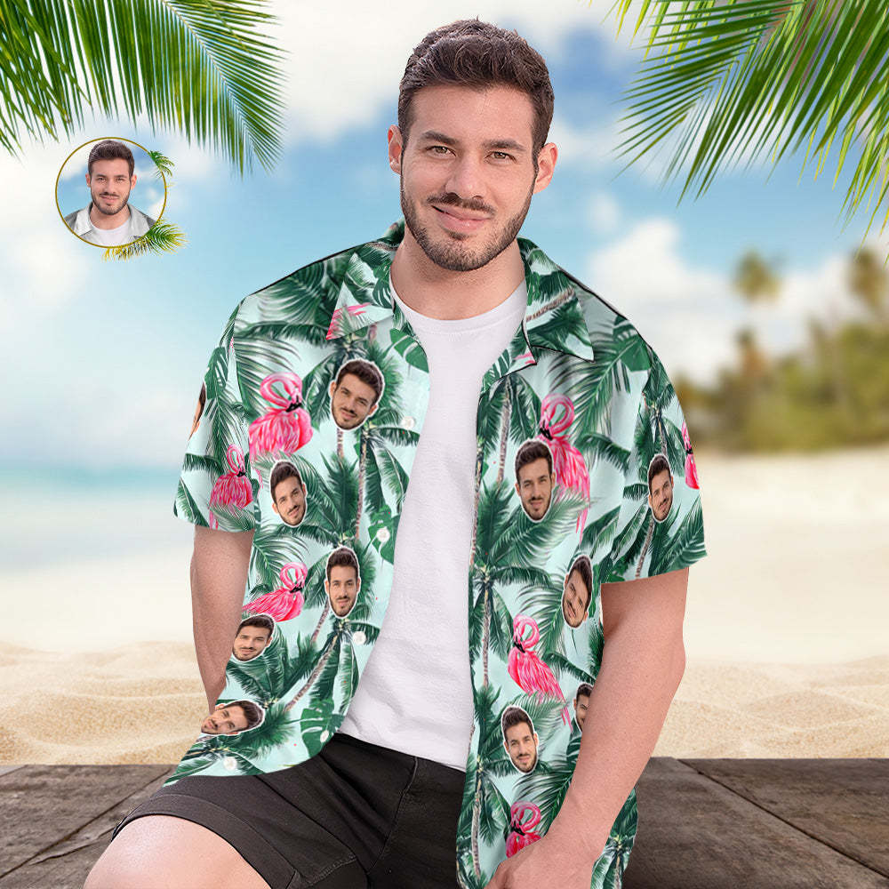 Chemise Hawaïenne Avec Visage Personnalisé, Cocotier Vert, Flamant Rose, Chemise Hawaïenne De Style Tropical