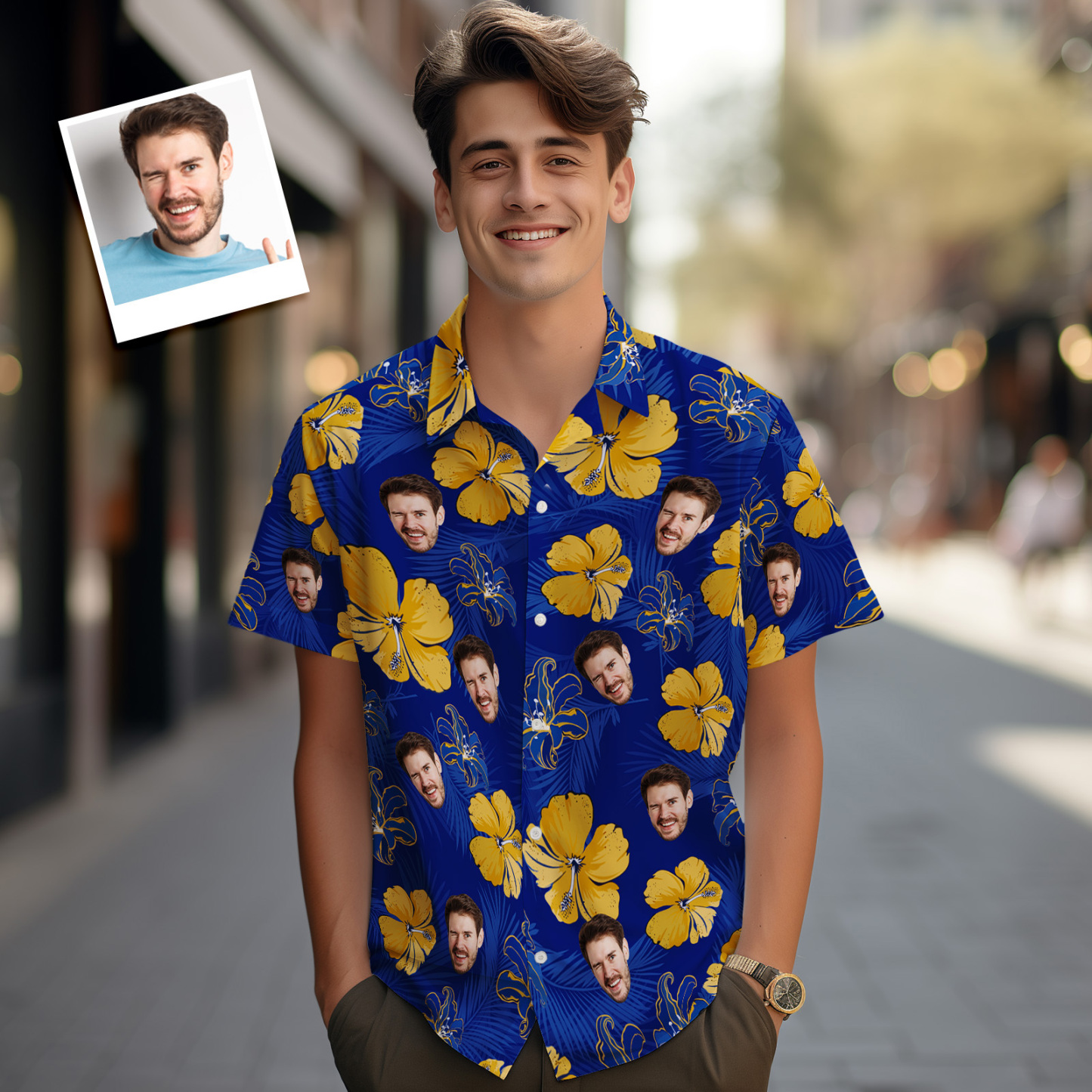 Chemises Hawaïennes Personnalisées Feuilles Colorées Aloha Chemise De Plage Bleu - MaPhotochaussetteFr