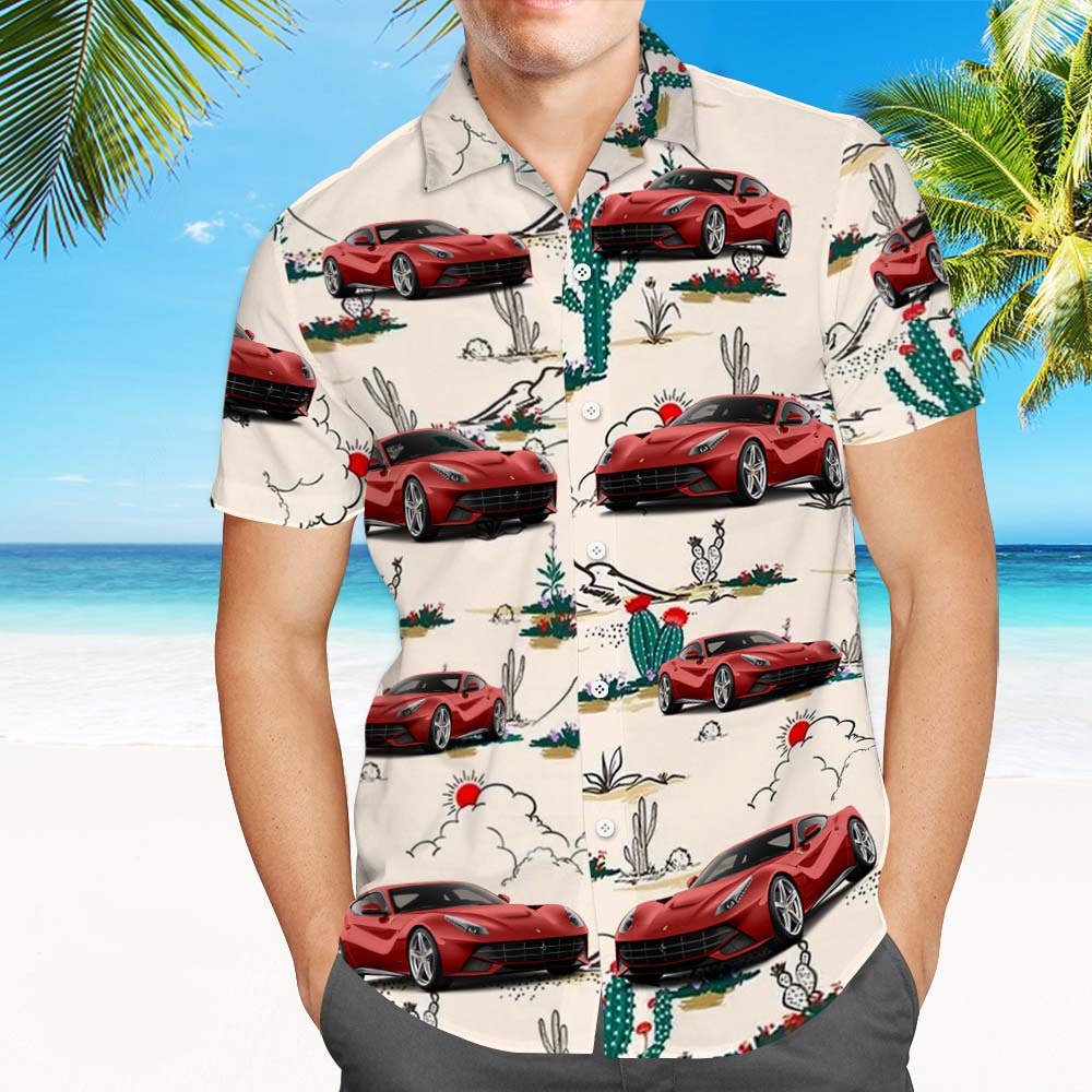 Chemise Hawaïenne Avec Visage Personnalisé, Feuilles Blanches D'été, Visage D'amant De Voiture, Chemise Hawaïenne - MaPhotochaussetteFr