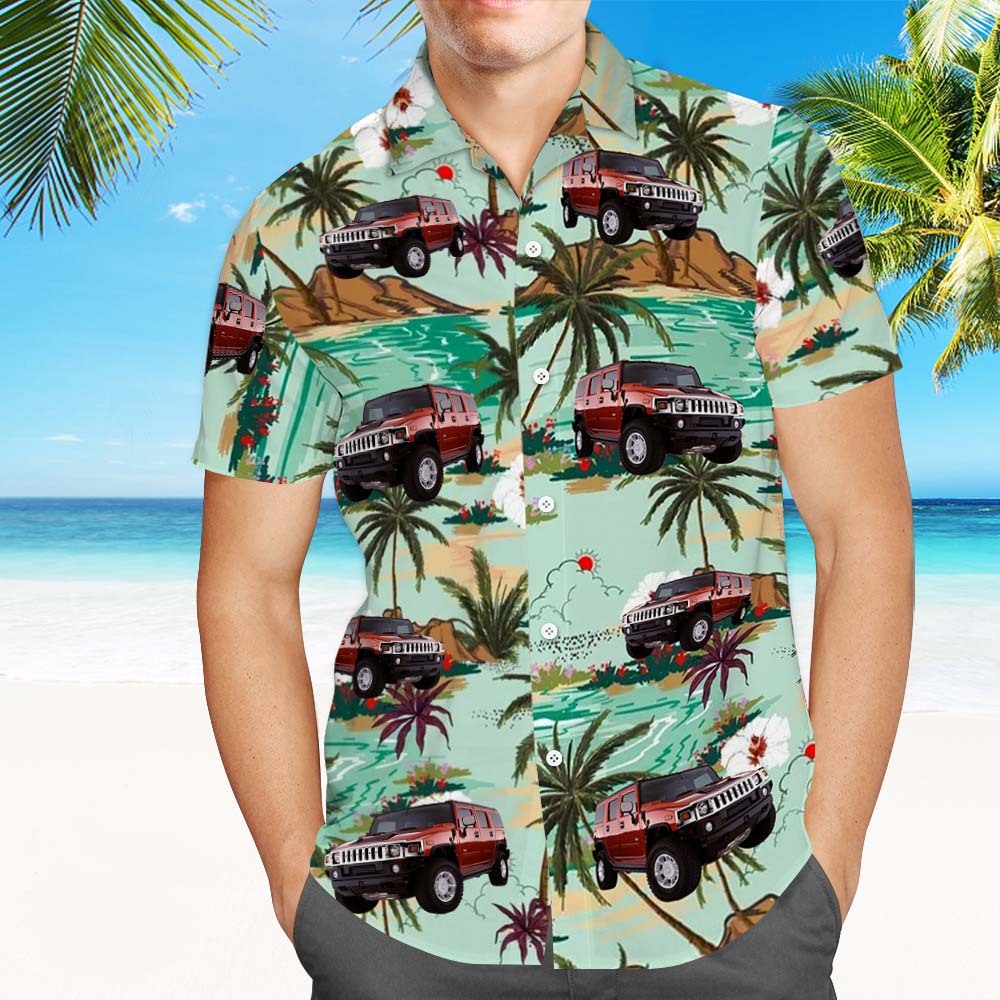 Chemise Hawaïenne Avec Visage Personnalisé, Feuilles Vertes D'été, Visage D'amant De Voiture, Chemise Hawaïenne - MaPhotochaussetteFr