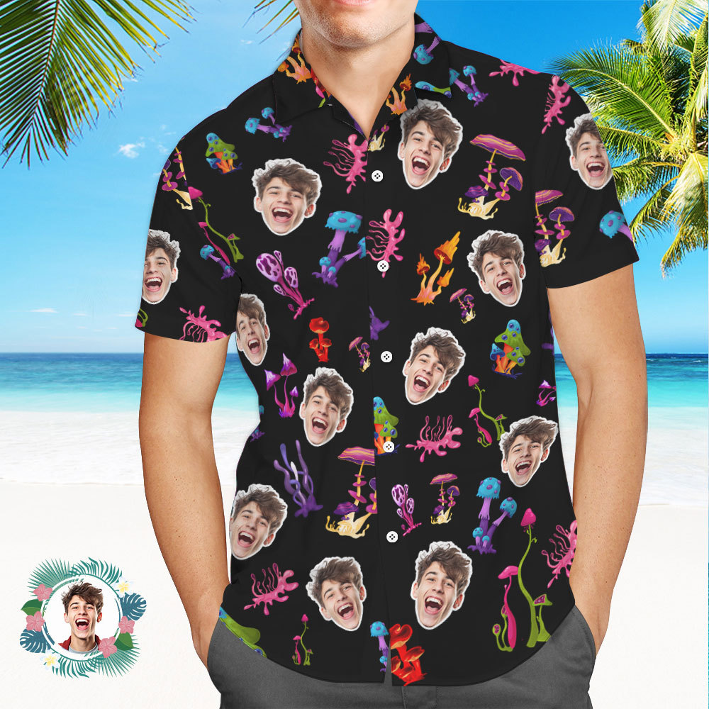 Chemise Hawaïenne À Visage Personnalisé Chemise Hawaïenne Noire Chemise De Style Tropical - MaPhotochaussetteFr